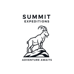 Obraz premium A linear illustrated logo featuring an alpine goat standing atop jagged rock, evoking exploration