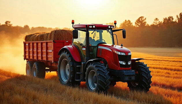 Red tractor transports hay bales through field. Agricultural machinery working in farmland at sunset. Autumn harvest season, vehicle moves crop on tillage farm. Farming machine on rural landscape.