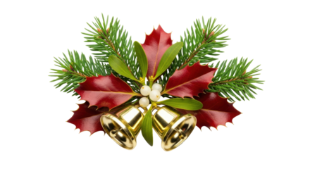 Isolated Christmas bells arrangement with holly, mistletoe, and evergreen branches design