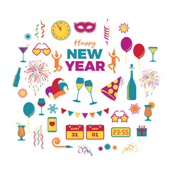 New Year party colors icon set in flat style vector illustration. New Year fun party multicolored icons isolated on a white background. Celebration and party many symbols. New Year graphic design elem