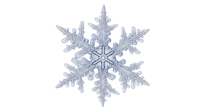 Isolated snowflake macro showing intricate crystal structure, natural winter design, cool tones