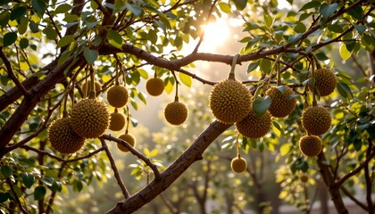 ultra detailed shot of durian tree with multiple large fruits hanging from thick branches, morning mist and warm sunlight, tropical orchard scene, cinematic tone
