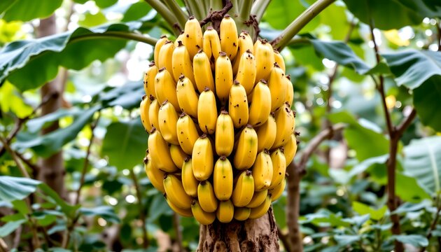 realistic photo of banana tree with full cluster of ripe yellow bananas, soft tropical light, green foliage background, natural farming environment