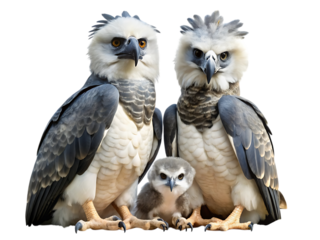 Two adult harpy eagles and a chick posing together, showcasing their majestic appearance and powerful talons, isolated on transparent background