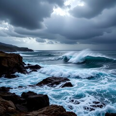 Fototapeta premium giant ocean waves crashing against rocks during storm, dramatic sky with dark clouds, cinematic lighting
