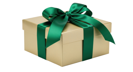 Isolated gift box with green ribbon bow for holiday event, celebration or seasonal greeting