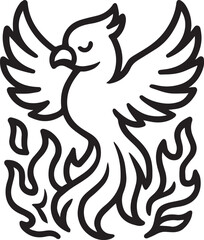 A stylized black and white illustration depicts a phoenix rising from the flames, symbolizing rebirth, renewal, and transformation. The bird's graceful form contrasts with the fiery intensity below.