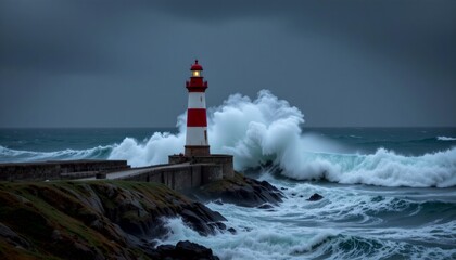 Obraz premium seaside lighthouse facing massive waves during heavy rain, moody atmosphere, epic storm scene
