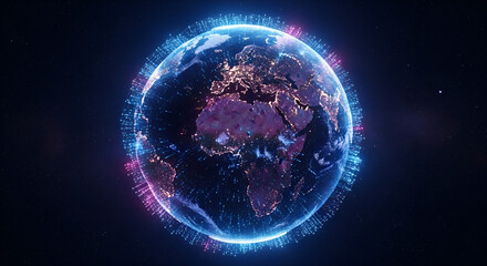 Obraz premium Vibrant digital depiction of Earth radiating global energy, interconnected data networks, and advanced technology on a dark background