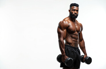 Muscular black man stands holding dumbbells. He has perfect abs and toned arms. The athlete wears black shorts posing on white background. Serious face expression shows determination for training.