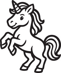 A delightful unicorn with a radiant smile and majestic horn, prances with grace in a whimsical line art illustration, exuding an aura of fantasy and enchantment.