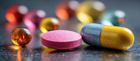 Colorful pills and capsules on a dark surface