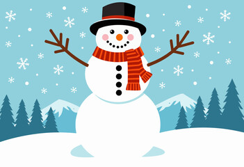 Whimsical Snowman with Top Hat and Scarf in a Snowy Landscape Adorned with Evergreen Trees and Falling Snowflakes on a Bright Winter Day