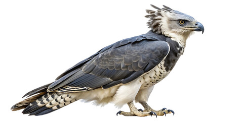 A majestic harpy eagle, a powerful bird of prey known for its striking crest and formidable talons, isolated on a transparent background