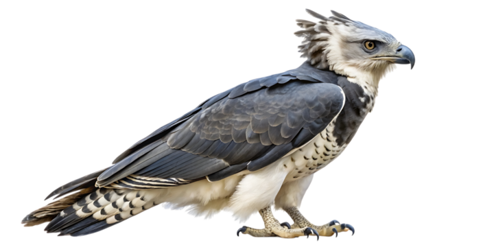 A majestic harpy eagle, a powerful bird of prey known for its striking crest and formidable talons, isolated on a transparent background