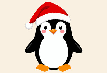 Fototapeta premium Festive Cartoon Penguin Wearing a Red Santa Hat Illustrating Holiday Cheer and Winter Joyfulness on a Simple Beige Background