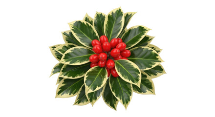 Isolated variegated holly leaves and bright red berries, beautiful Christmas decoration