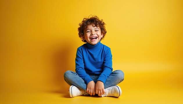 Joyful boy with curly hair in blue turtleneck and jeans sits cross-legged on yellow background. Adorable kid smiles brightly, showing pure happiness. He wears casual outfit and sneakers. - Powered by Adobe