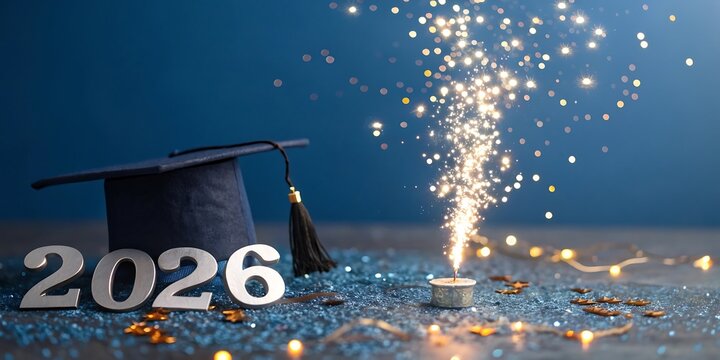 Celebrate the class of 2026 with a graduation cap sparklers and festive lights against a deep blue background