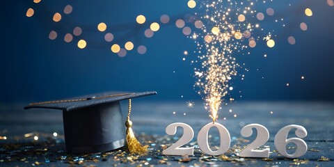 Graduation celebration with sparkling fireworks and the year 2026 displayed amidst festive bokeh lights