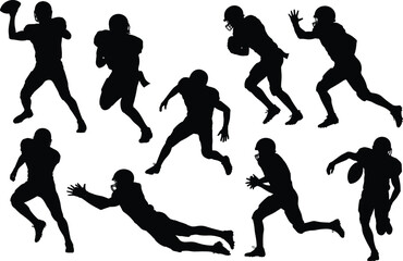 American football silhouettes, athlete action poses, throwing, catching, running, diving, sports motion, black figures, grid layout, dynamic movement
