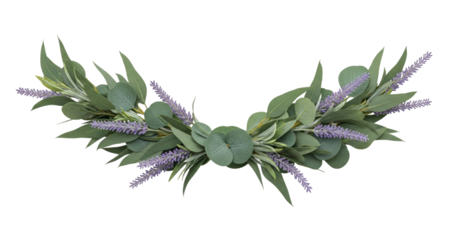 Isolated decorative botanical garland of eucalyptus and lavender, floral ornamentation