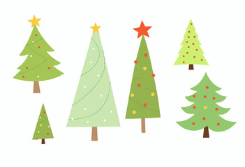 Obraz premium Illustrated set of various stylized Christmas trees with colorful decorations and star toppers, showcasing diverse shapes and festive designs on a white background
