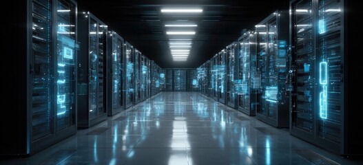 Server room with glowing displays