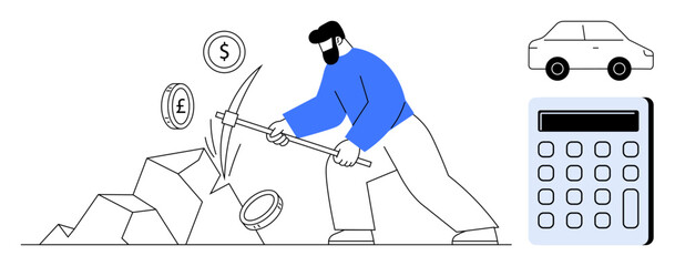 Man using pickaxe to mine coins, symbolizing financial efforts. Nearby are a car and calculator. Ideal for finance, investment, savings, budgeting, wealth management, success simple flat metaphor