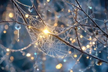 A spider web on a branch with water droplets
