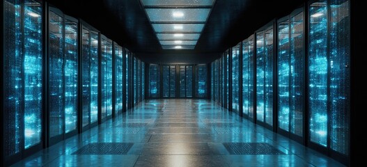 Dark, futuristic server room with glowing tech