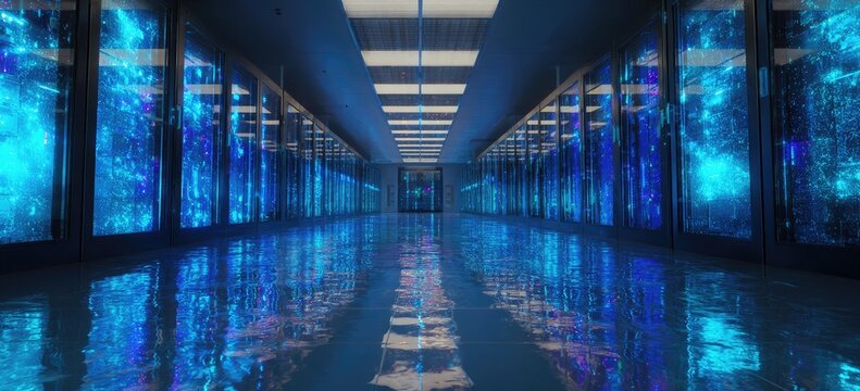 Futuristic server room, illuminated by glowing networks