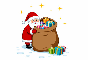 Fototapeta premium Cheerful Santa Claus Bringing Gifts in a Burlap Sack Decorations Amidst Sparkling Stars and Snow for a Festive Christmas Celebration