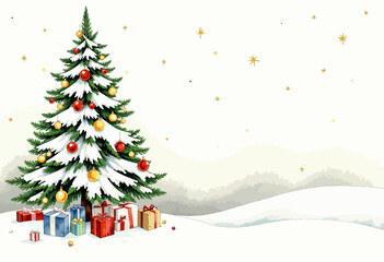 Fototapeta premium Snow-Covered Christmas Tree Adorned with Ornaments and Gifts in a Tranquil Winter Landscape with Sparkling Stars in the Night Sky