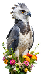 Obraz premium A majestic harpy eagle, a powerful bird of prey, perched regally on a vibrant floral arrangement, isolated on transparent background