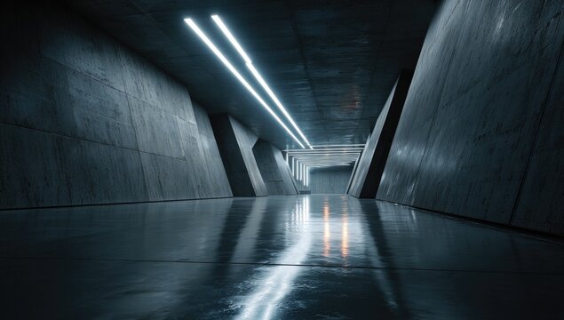 Dark, futuristic concrete tunnel
