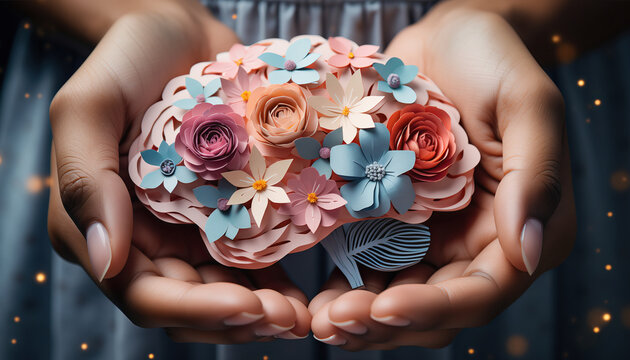 Close up hands gently protecting paper brain made of pastel flowers, symbolizing emotional care, mental health, compassion, and mindfulness in serene, supportive atmosphere