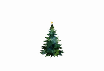 Fototapeta premium Watercolor Illustration of a Festive Evergreen Christmas Tree with Golden Star Adorning the Top, Set Against a Minimalist White Background
