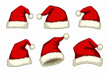 Illustration Featuring Six Red Santa Hats with Fluffy White Trim Symbolizing Festive Holiday Cheer in Various Angles on a White Background