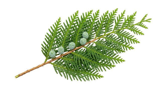 Isolated thuja occidentalis evergreen branch, foliage with seed cones, arborvitae tree leaf twig
