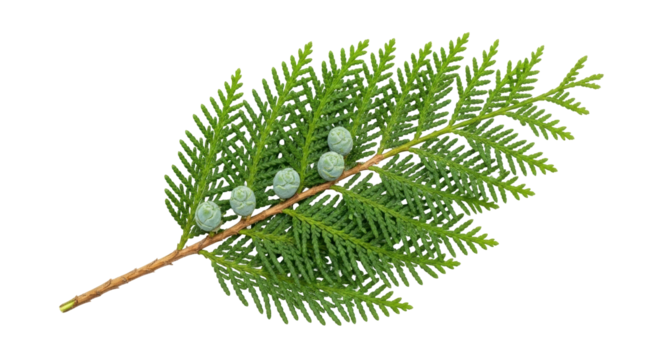 Isolated thuja occidentalis evergreen branch, foliage with seed cones, arborvitae tree leaf twig