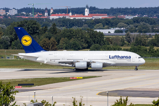 Lufthansa Airbus A380-800 airplane at Munich airport in Germany