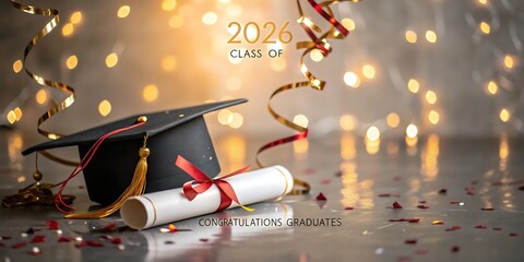 Graduation cap and diploma with confetti and bokeh lights celebrating academic achievement and future success