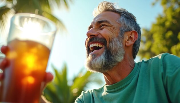 Bearded man enjoys iced tea outdoors under bright sunlight. He laughs heartily while holding a glass of refreshing beverage. This joyful scene conveys relaxation and summer happiness. - Powered by Adobe