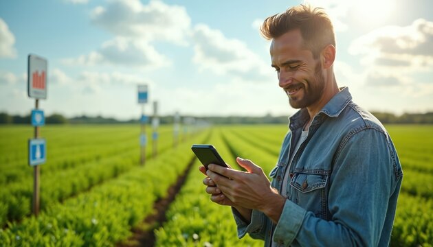 Farmer uses smartphone in green crop field. Man checks data on phone with agricultural sensors. Modern farm with technology, tech innovation in organic farming.