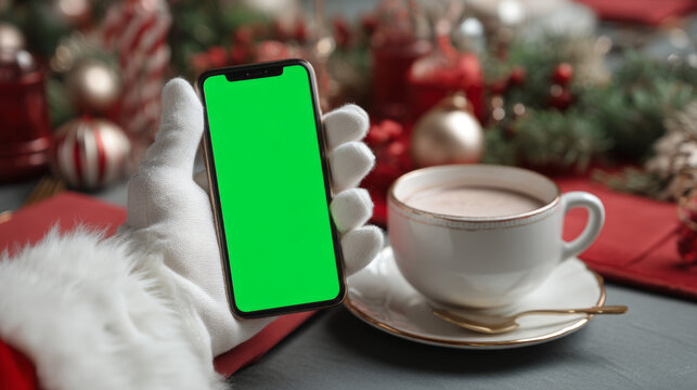Santa Holding Smartphone with Green Screen and Cup of Cocoa — Christmas Mockup Setup
