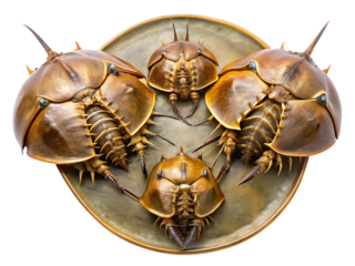 Four horseshoe crabs arranged in a circular pattern on a transparent background, showcasing their unique exoskeletons and segmented bodies, isolated on transparent background