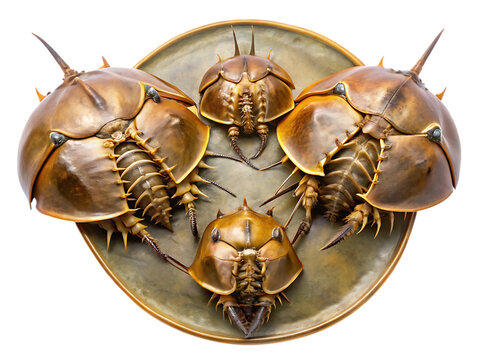 Four horseshoe crabs arranged in a circular pattern on a transparent background, showcasing their unique exoskeletons and segmented bodies, isolated on transparent background