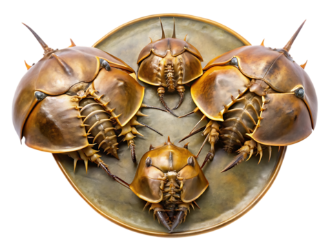 Four horseshoe crabs arranged in a circular pattern on a transparent background, showcasing their unique exoskeletons and segmented bodies, isolated on transparent background