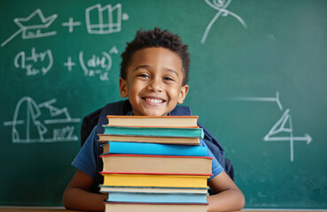 Smiling young school boy with backpack sits at desk with pile of books. Green chalk board with math formulas behind him. Childhood education, learning concept.